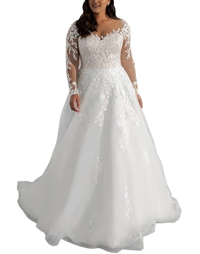 JAEDEN Damen Brautkleider Grosse Grössen A-Linie Lang Spitzen Hochzeitskleider mit Ärmel Prinzessin Trauung Kleid Standesamtliche Brautkleid Weiß 42 von JAEDEN