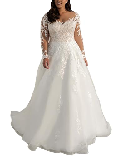 JAEDEN Damen Brautkleider Grosse Grössen Lang A-Linie Spitzen Hochzeitskleider mit Ärmel Prinzessin Trauung Kleid Standesamtliche Brautkleid Elfenbein 44 von JAEDEN