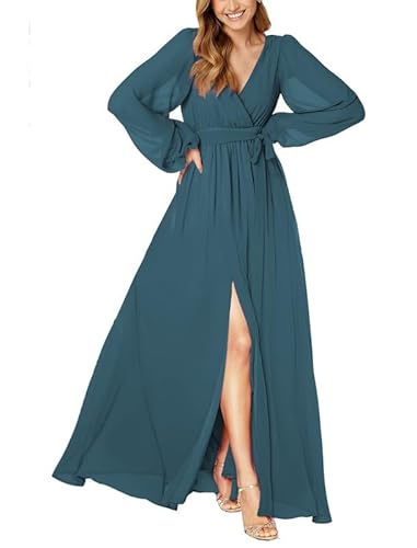 JAEDEN Damen Langarm Brautjungfernkleider V-Ausschnitt Falte Chiffon Hochzeitsgast Kleid A-Linie Schlichte Maxikleid Abendkleider Teal 48 von JAEDEN