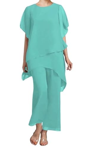 JAEDEN 2 Teilig Hosenanzug für Brautmutter Chiffon Festliche Hosenanzüge Schlicht Hochzeitsgast Hosen Set Aqua 44 von JAEDEN