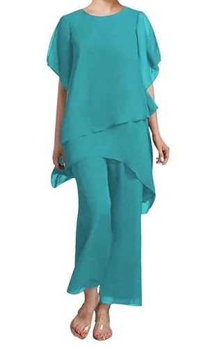 JAEDEN 2 Teilig Hosenanzug für Brautmutter Chiffon Festliche Hosenanzüge Schlicht Hochzeitsgast Hosen Set Jade 48 von JAEDEN