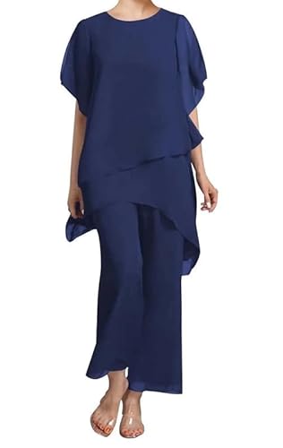 JAEDEN 2 Teilig Hosenanzug für Brautmutter Chiffon Festliche Hosenanzüge Schlicht Hochzeitsgast Hosen Set Marineblau 50 von JAEDEN