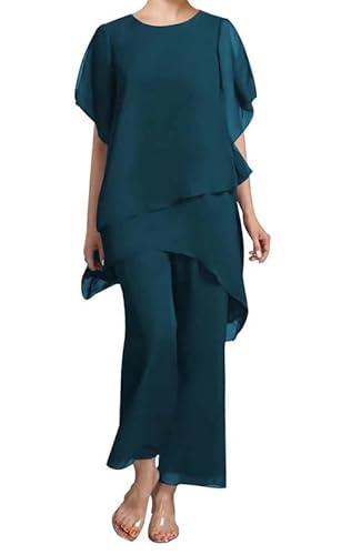 JAEDEN 2 Teilig Hosenanzug für Brautmutter Chiffon Festliche Hosenanzüge Schlicht Hochzeitsgast Hosen Set Teal 42 von JAEDEN