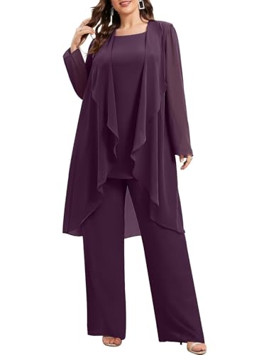 JAEDEN 3 Teiler Mutter der Braut Hosenanzug Große Größen Festlicher Brautmutter Anzug für Hochzeit Plum 52 von JAEDEN