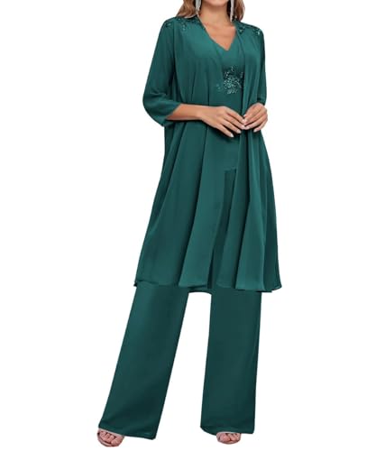 JAEDEN 3 Teilig Damen Hosenanzug für Hochzeit Chiffon Brautmutter Anzug mit Jacke Pfau 54 von JAEDEN