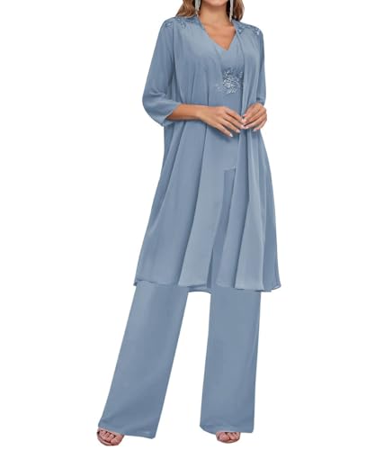 JAEDEN 3 Teilig Damen Hosenanzug für Hochzeit Chiffon Brautmutter Anzug mit Jacke Staubiges Blau 50 von JAEDEN