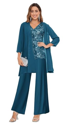 JAEDEN 3 Teilig Damen Hosenanzug für Hochzeit Langarm Brautmutter Anzug mit Jacke Festliche Hosenanzüge Teal 44 von JAEDEN