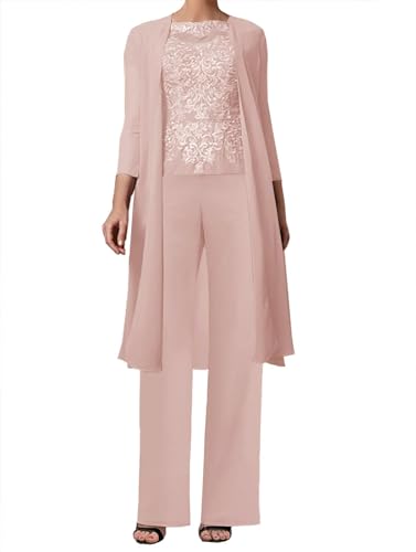 JAEDEN 3-Teilig Mutter der Braut Hosenanzug Spitze Brautmutterkleider mit Jacke Langarm Hochzeitsgast Kleid Elegant Abendanzug Set Altrosa 46 von JAEDEN
