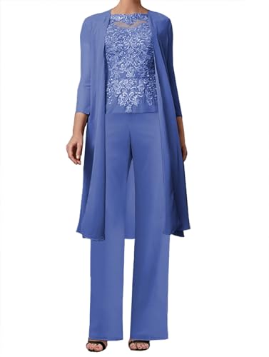 JAEDEN 3-Teilig Mutter der Braut Hosenanzug Spitze Brautmutterkleider mit Jacke Langarm Hochzeitsgast Kleid Elegant Abendanzug Set Blau 50 von JAEDEN