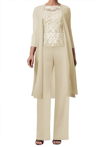JAEDEN 3-Teilig Mutter der Braut Hosenanzug Spitze Brautmutterkleider mit Jacke Langarm Hochzeitsgast Kleid Elegant Abendanzug Set Champagner 48 von JAEDEN