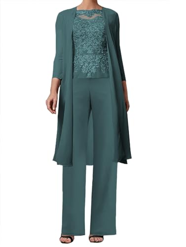 JAEDEN 3-Teilig Mutter der Braut Hosenanzug Spitze Brautmutterkleider mit Jacke Langarm Hochzeitsgast Kleid Elegant Abendanzug Set Dunkelblaugrün 46 von JAEDEN