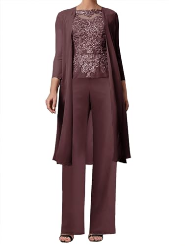 JAEDEN 3-Teilig Mutter der Braut Hosenanzug Spitze Brautmutterkleider mit Jacke Langarm Hochzeitsgast Kleid Elegant Abendanzug Set Dunkles Burgunder 42 von JAEDEN