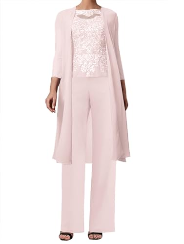 JAEDEN 3-Teilig Mutter der Braut Hosenanzug Spitze Brautmutterkleider mit Jacke Langarm Hochzeitsgast Kleid Elegant Abendanzug Set Hell-Pink 40 von JAEDEN
