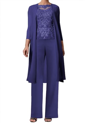 JAEDEN 3-Teilig Mutter der Braut Hosenanzug Spitze Brautmutterkleider mit Jacke Langarm Hochzeitsgast Kleid Elegant Abendanzug Set Königsblau 46 von JAEDEN