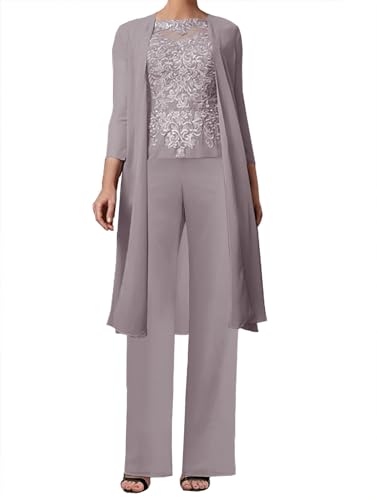 JAEDEN 3-Teilig Mutter der Braut Hosenanzug Spitze Brautmutterkleider mit Jacke Langarm Hochzeitsgast Kleid Elegant Abendanzug Set Mauve 42 von JAEDEN