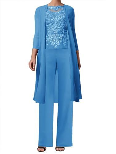 JAEDEN 3-Teilig Mutter der Braut Hosenanzug Spitze Brautmutterkleider mit Jacke Langarm Hochzeitsgast Kleid Elegant Abendanzug Set Meerblau 44 von JAEDEN