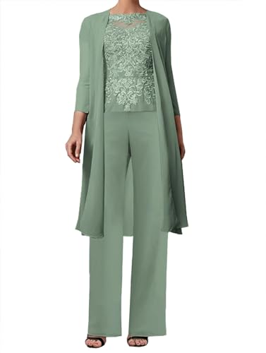 JAEDEN 3-Teilig Mutter der Braut Hosenanzug Spitze Brautmutterkleider mit Jacke Langarm Hochzeitsgast Kleid Elegant Abendanzug Set Pastellgrün 40 von JAEDEN