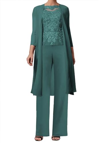 JAEDEN 3-Teilig Mutter der Braut Hosenanzug Spitze Brautmutterkleider mit Jacke Langarm Hochzeitsgast Kleid Elegant Abendanzug Set Pfau 42 von JAEDEN
