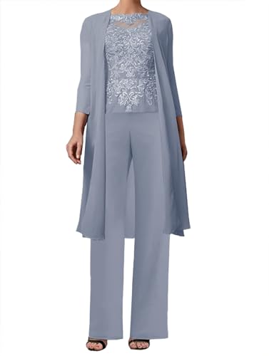 JAEDEN 3-Teilig Mutter der Braut Hosenanzug Spitze Brautmutterkleider mit Jacke Langarm Hochzeitsgast Kleid Elegant Abendanzug Set Staubiges Blau 44 von JAEDEN