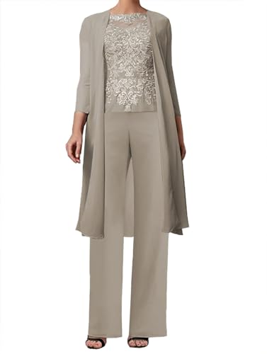 JAEDEN 3-Teilig Mutter der Braut Hosenanzug Spitze Brautmutterkleider mit Jacke Langarm Hochzeitsgast Kleid Elegant Abendanzug Set Taupe 42 von JAEDEN