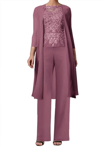 JAEDEN 3-Teilig Mutter der Braut Hosenanzug Spitze Brautmutterkleider mit Jacke Langarm Hochzeitsgast Kleid Elegant Abendanzug Set Wüstenrose 48 von JAEDEN