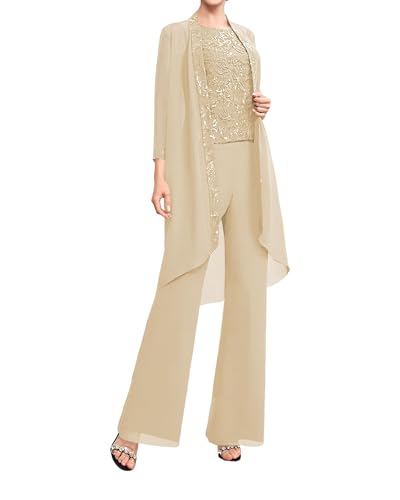 JAEDEN 3 Teiliges Brautmutter Anzug mit Lang Jacke Chiffon Mutter Der Braut Hosenanzug für Hochzeit Champagner 52 von JAEDEN