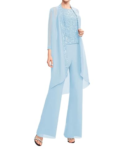 JAEDEN 3 Teiliges Brautmutter Anzug mit Lang Jacke Chiffon Mutter Der Braut Hosenanzug für Hochzeit Himmelblau 52 von JAEDEN