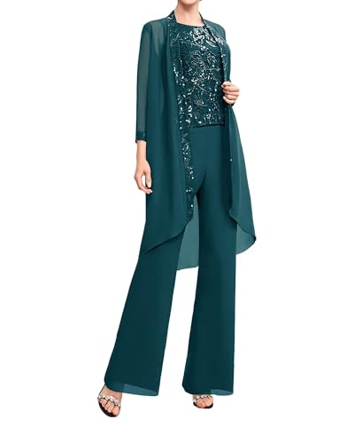 JAEDEN 3 Teiliges Brautmutter Anzug mit Lang Jacke Chiffon Mutter Der Braut Hosenanzug für Hochzeit Pfau 40 von JAEDEN