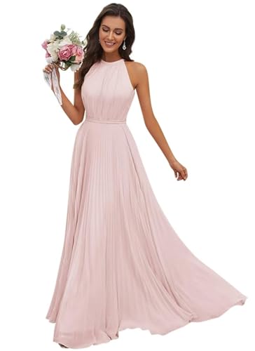 JAEDEN Abendkleid Damen Lang Elegant für Hochzeit Neckholder Brautjungfernkleider Chiffon Festliches Party Kleid Blush 42 von JAEDEN