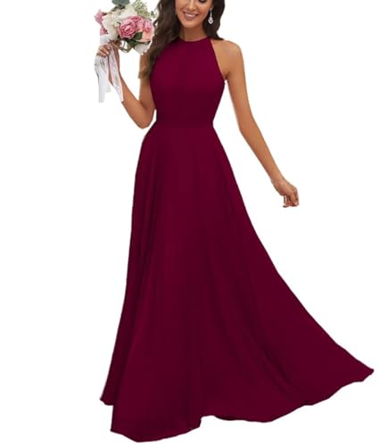 JAEDEN Abendkleid Damen Lang Elegant für Hochzeit Neckholder Brautjungfernkleider Chiffon Festliches Party Kleid Burgund 36 von JAEDEN