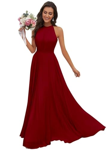 JAEDEN Abendkleid Damen Lang Elegant für Hochzeit Neckholder Brautjungfernkleider Chiffon Festliches Party Kleid Burgund 38 von JAEDEN