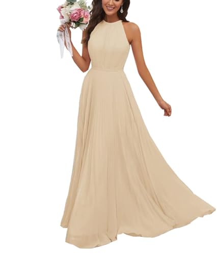 JAEDEN Abendkleid Damen Lang Elegant für Hochzeit Neckholder Brautjungfernkleider Chiffon Festliches Party Kleid Champagner 36 von JAEDEN