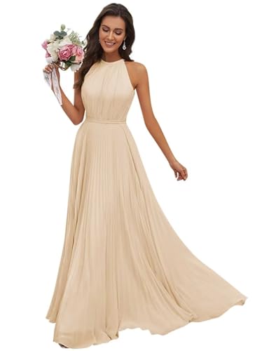 JAEDEN Abendkleid Damen Lang Elegant für Hochzeit Neckholder Brautjungfernkleider Chiffon Festliches Party Kleid Champagner 40 von JAEDEN
