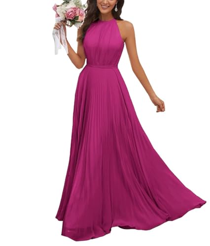JAEDEN Abendkleid Damen Lang Elegant für Hochzeit Neckholder Brautjungfernkleider Chiffon Festliches Party Kleid Fuchsie 36 von JAEDEN