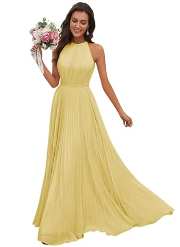 JAEDEN Abendkleid Damen Lang Elegant für Hochzeit Neckholder Brautjungfernkleider Chiffon Festliches Party Kleid Gelb 52 von JAEDEN