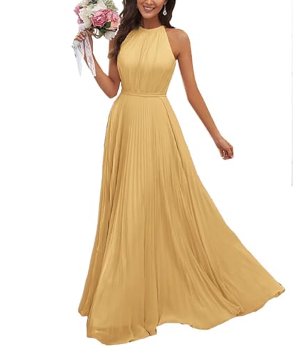 JAEDEN Abendkleid Damen Lang Elegant für Hochzeit Neckholder Brautjungfernkleider Chiffon Festliches Party Kleid Gold 34 von JAEDEN