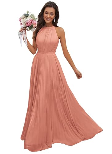 JAEDEN Abendkleid Damen Lang Elegant für Hochzeit Neckholder Brautjungfernkleider Chiffon Festliches Party Kleid Hell Koralle 34 von JAEDEN