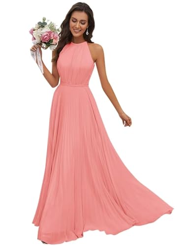 JAEDEN Abendkleid Damen Lang Elegant für Hochzeit Neckholder Brautjungfernkleider Chiffon Festliches Party Kleid Koralle 38 von JAEDEN