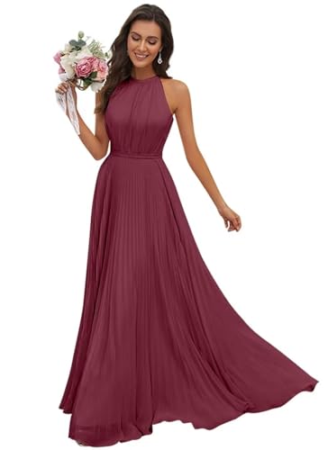 JAEDEN Abendkleid Damen Lang Elegant für Hochzeit Neckholder Brautjungfernkleider Chiffon Festliches Party Kleid Maulbeere 32 von JAEDEN