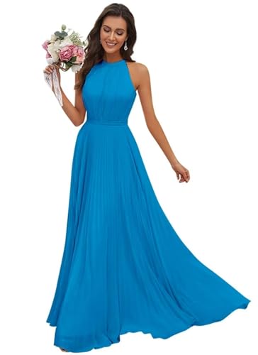 JAEDEN Abendkleid Damen Lang Elegant für Hochzeit Neckholder Brautjungfernkleider Chiffon Festliches Party Kleid Meerblau 44 von JAEDEN