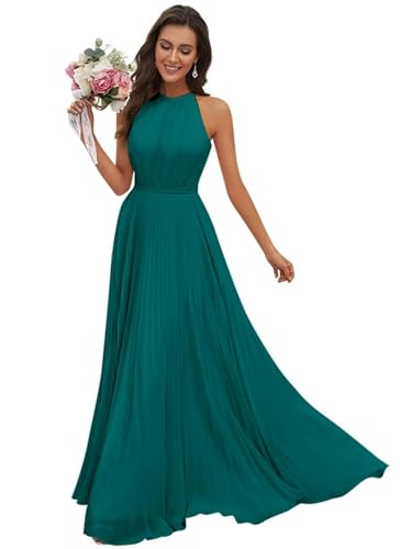 JAEDEN Abendkleid Damen Lang Elegant für Hochzeit Neckholder Brautjungfernkleider Chiffon Festliches Party Kleid Pfau 38 von JAEDEN