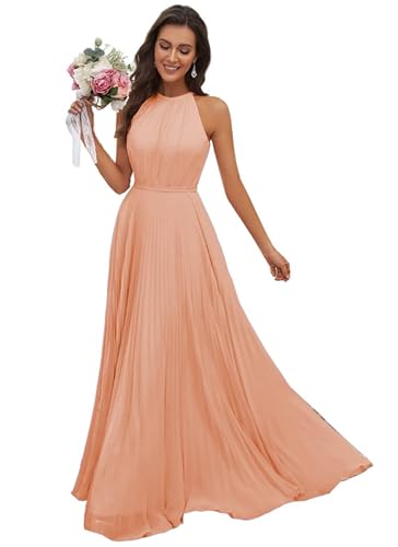 JAEDEN Abendkleid Damen Lang Elegant für Hochzeit Neckholder Brautjungfernkleider Chiffon Festliches Party Kleid Pfirsich 34 von JAEDEN