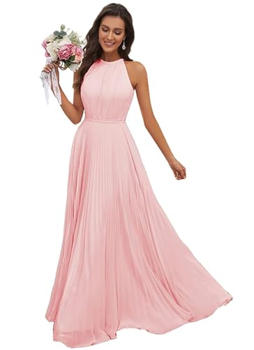 JAEDEN Abendkleid Damen Lang Elegant für Hochzeit Neckholder Brautjungfernkleider Chiffon Festliches Party Kleid Rosa 46 von JAEDEN