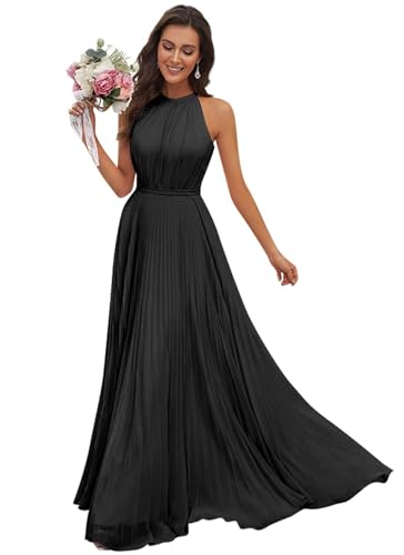 JAEDEN Abendkleid Damen Lang Elegant für Hochzeit Neckholder Brautjungfernkleider Chiffon Festliches Party Kleid Schwarz 42 von JAEDEN