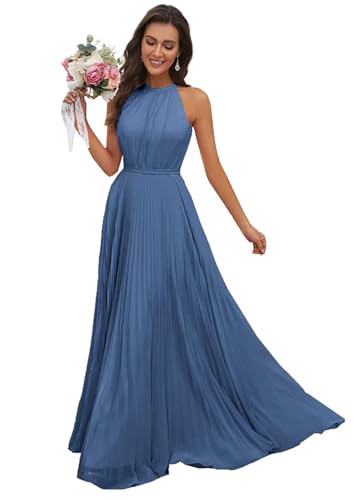 JAEDEN Abendkleid Damen Lang Elegant für Hochzeit Neckholder Brautjungfernkleider Chiffon Festliches Party Kleid Stahlblau 42 von JAEDEN