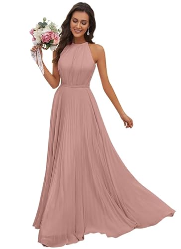 JAEDEN Abendkleid Damen Lang Elegant für Hochzeit Neckholder Brautjungfernkleider Chiffon Festliches Party Kleid Staubige Rose 42 von JAEDEN
