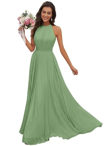 JAEDEN Abendkleid Damen Lang Elegant für Hochzeit Neckholder Brautjungfernkleider Chiffon Festliches Party Kleid Staubiger Salbei 38 von JAEDEN
