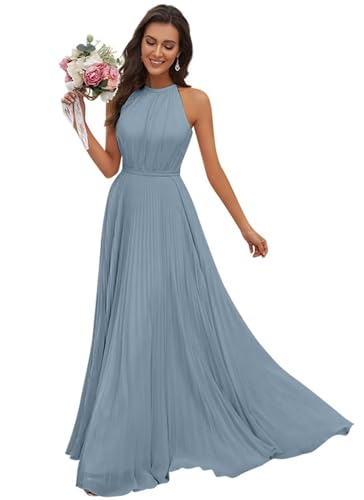 JAEDEN Abendkleid Damen Lang Elegant für Hochzeit Neckholder Brautjungfernkleider Chiffon Festliches Party Kleid Staubiges Blau 44 von JAEDEN
