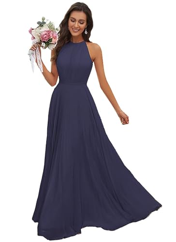 JAEDEN Abendkleid Damen Lang Elegant für Hochzeit Neckholder Brautjungfernkleider Chiffon Festliches Party Kleid Stürmisches Blau 42 von JAEDEN
