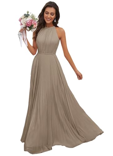 JAEDEN Abendkleid Damen Lang Elegant für Hochzeit Neckholder Brautjungfernkleider Chiffon Festliches Party Kleid Taupe 36 von JAEDEN